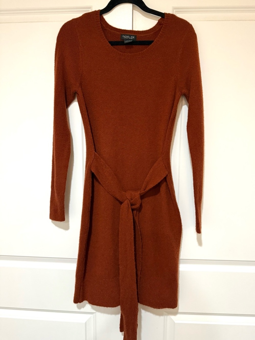 Rachel Zoe Rust Long-Sleeve Attached Tie-Waist Merino Wool Blend Dress
